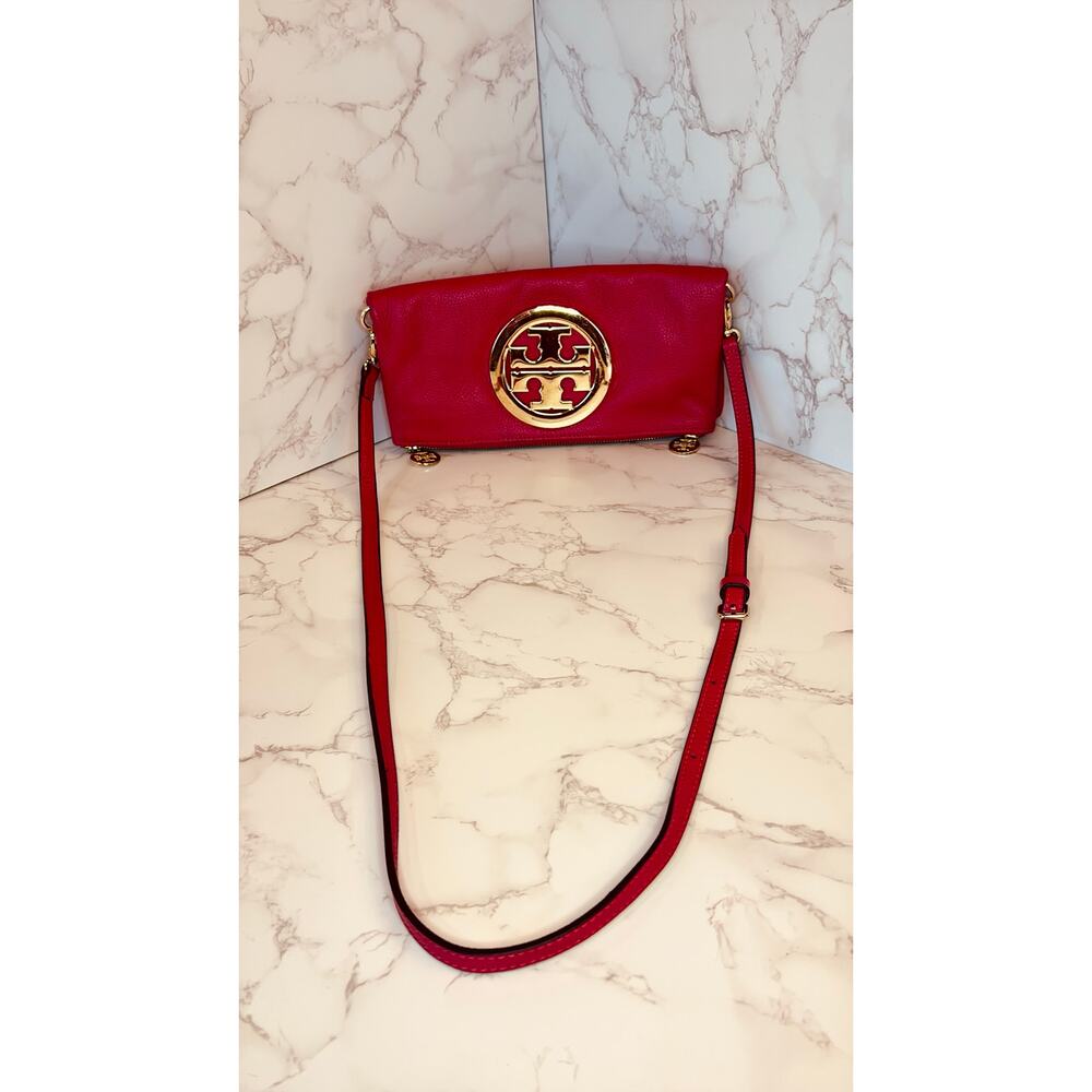 TORY BURCH Amanda Foldover Clutch Crossbody w/Pink Leather w/Golden Accents, EUC - Picture 3 of 16